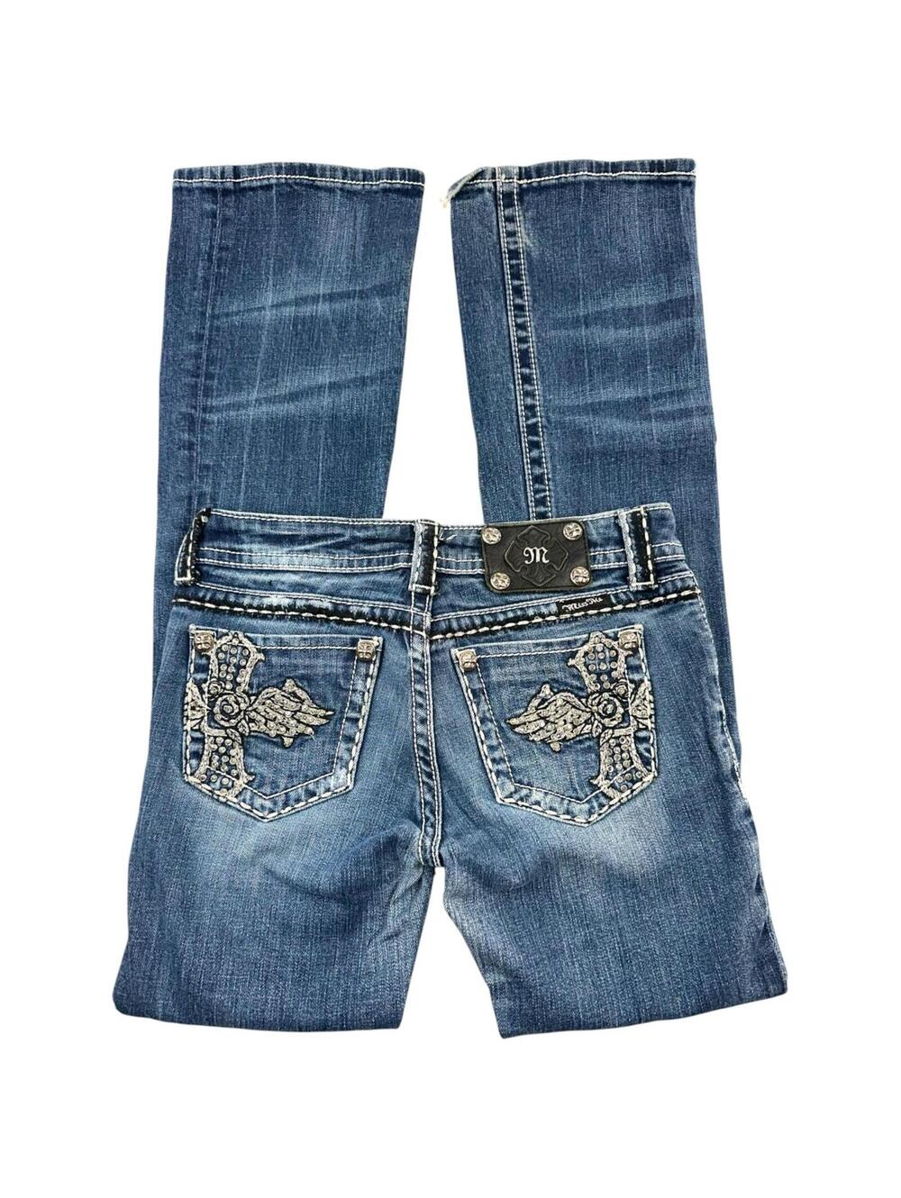 Y2K Miss Me Angelic Cross Rhinestone Bootcut Jeans
